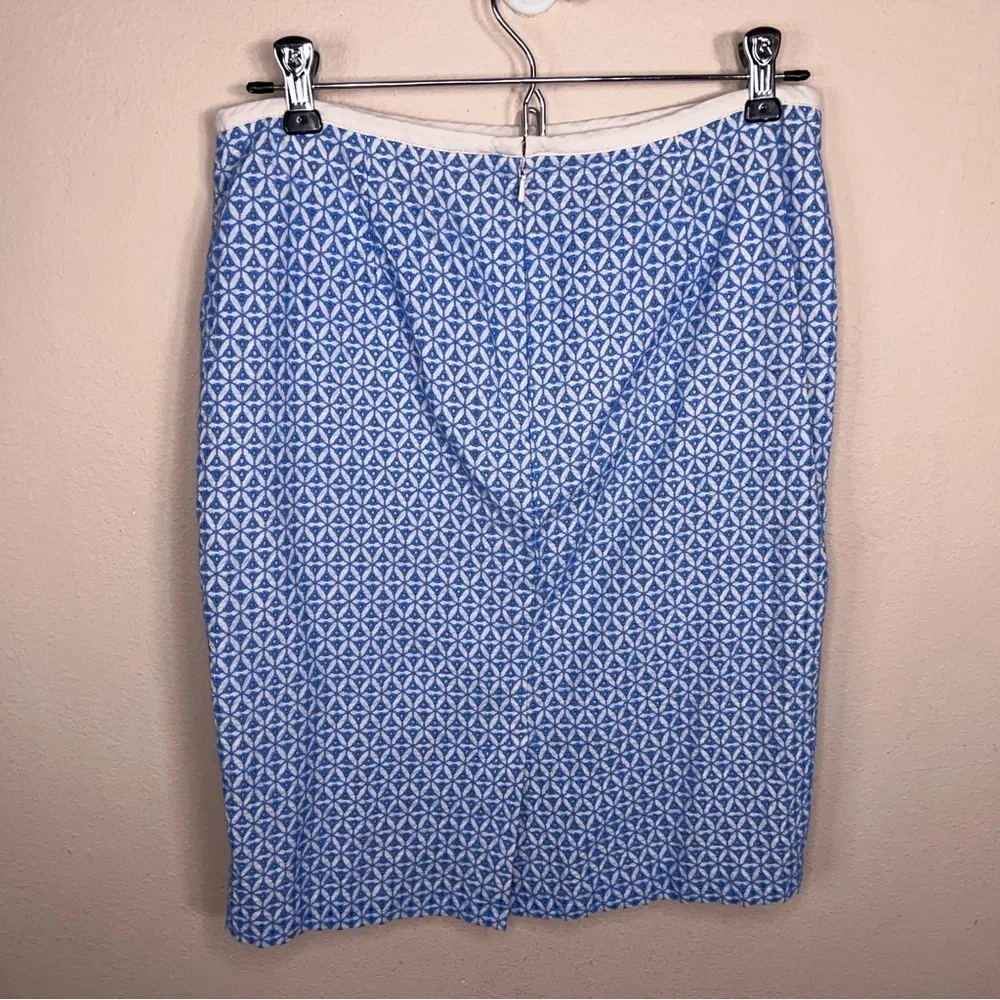 Size Petite 6 Talbots Blue Ivory White Geometric Cotton Skirt Lined Zip Closure